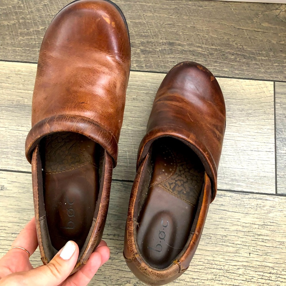 B.O.C. Clogs, brown leather upper size 8